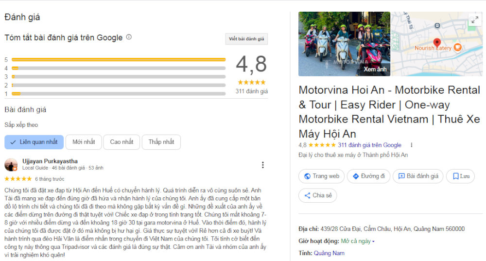 Hệ thống cho thuê xe máy và xe máy điện Motorvina được xếp hạng 4.8 sao với hàng loạt đánh giá tích cực